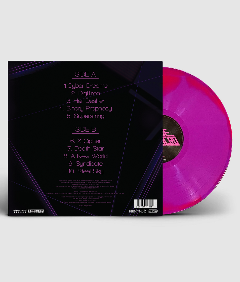 Vinyl record with pink disc and black cover on a white background