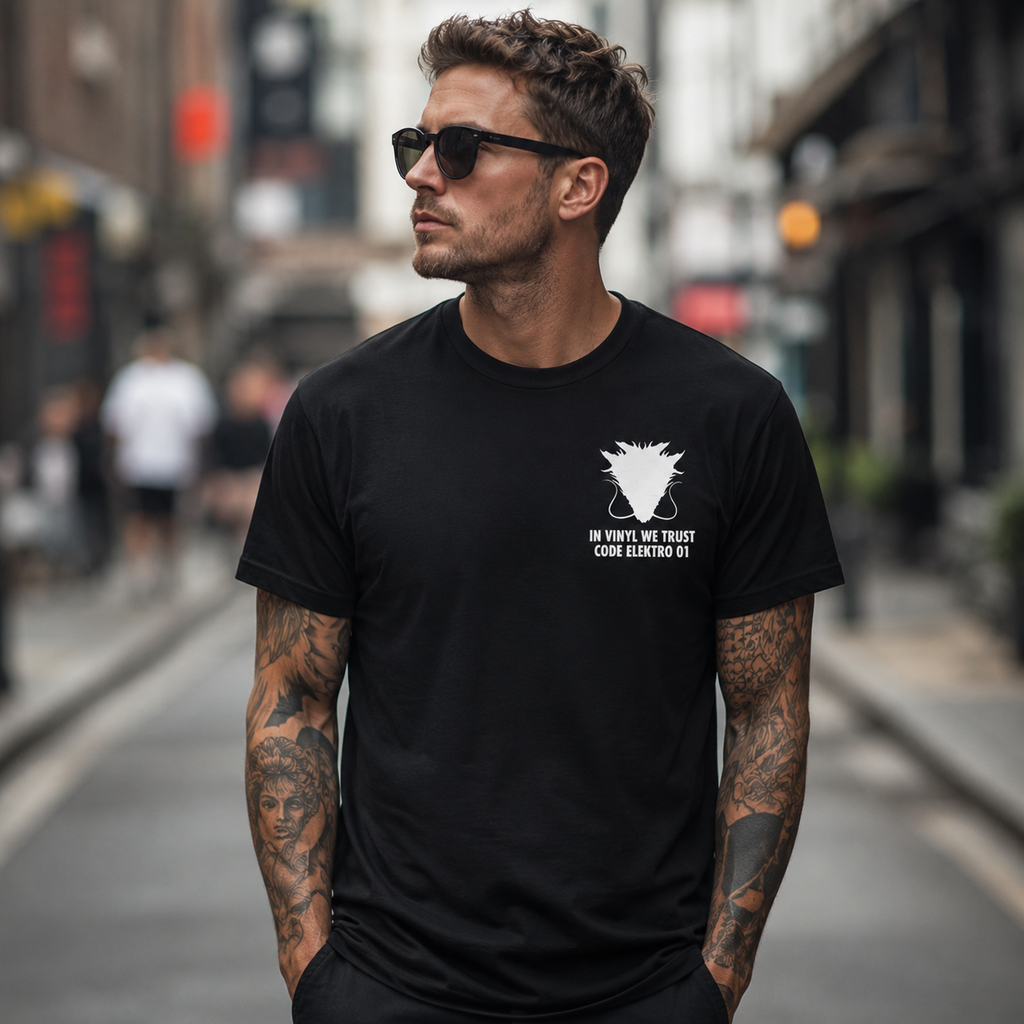 In Vinyl We Trust short sleeve t-shirt by Code Elektro — synthwave music merch