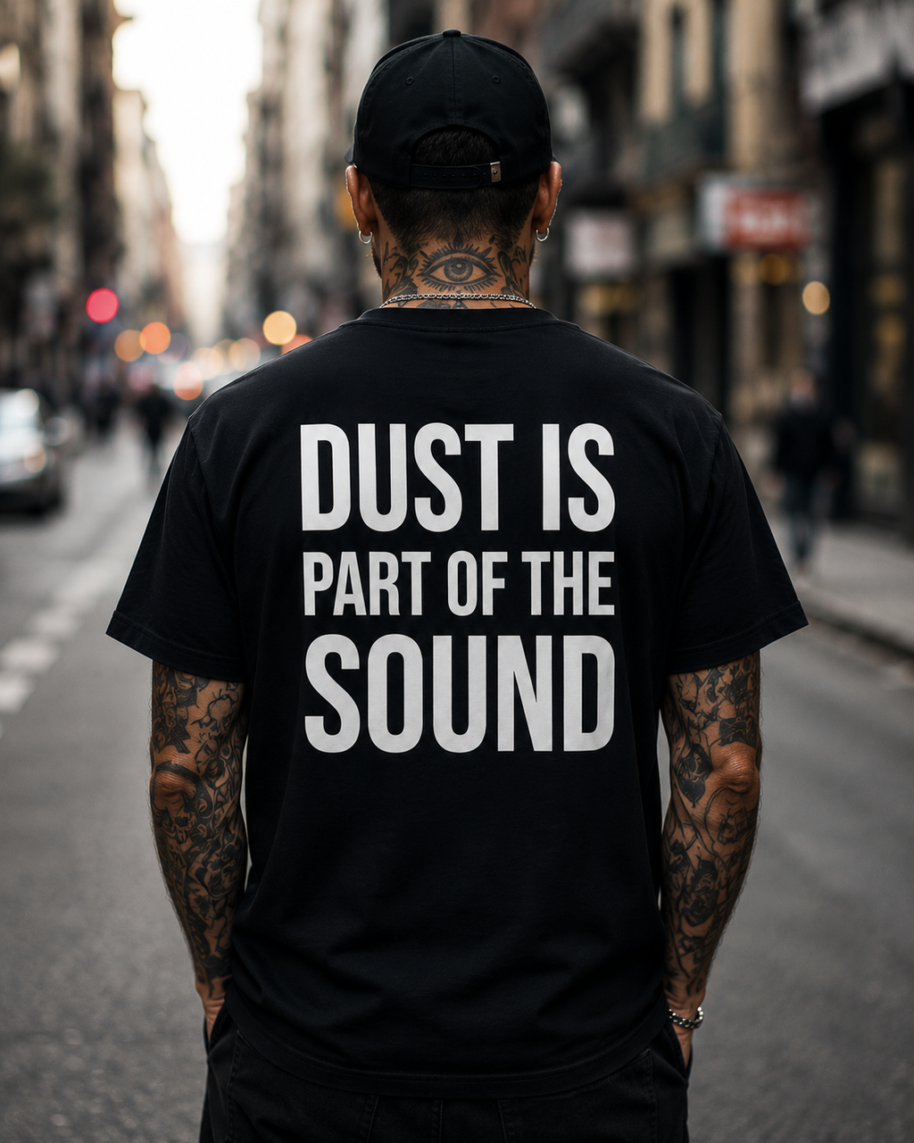 Person wearing a black t-shirt with 'Dust is part of the sound' text on a city street.