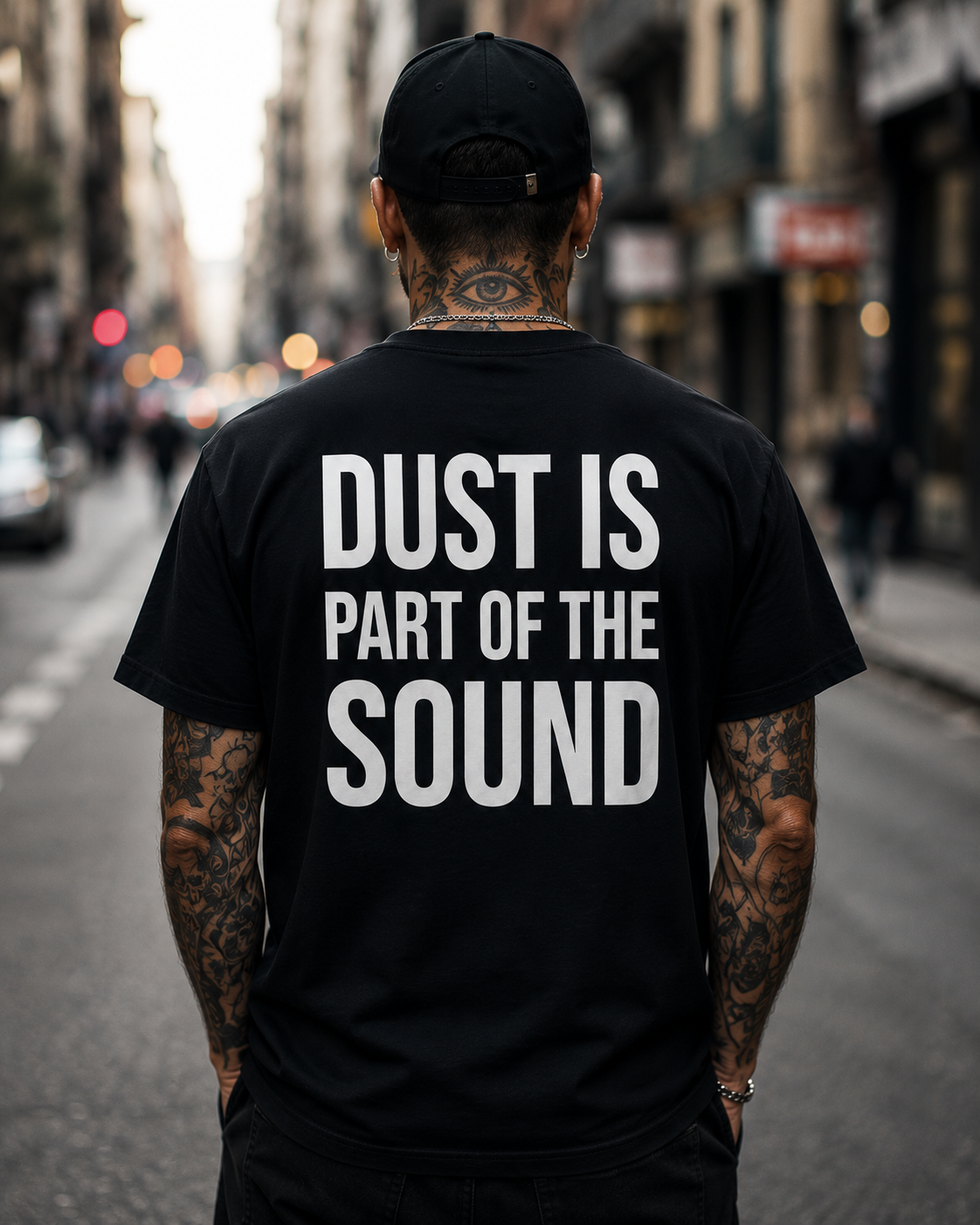 Person wearing a black t-shirt with 'Dust is part of the sound' text on a city street.