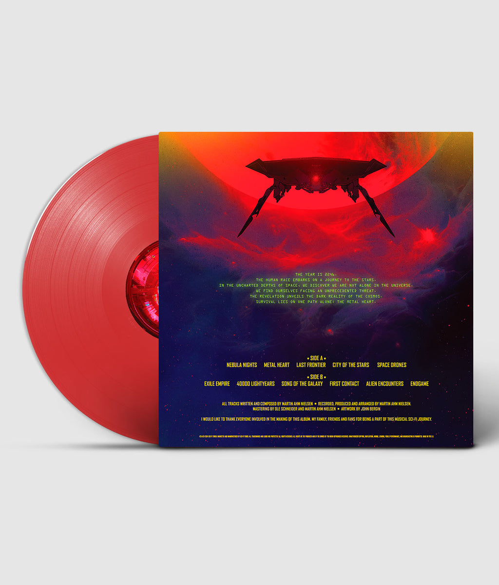 Red vinyl record with a colorful album cover featuring a spaceship design.